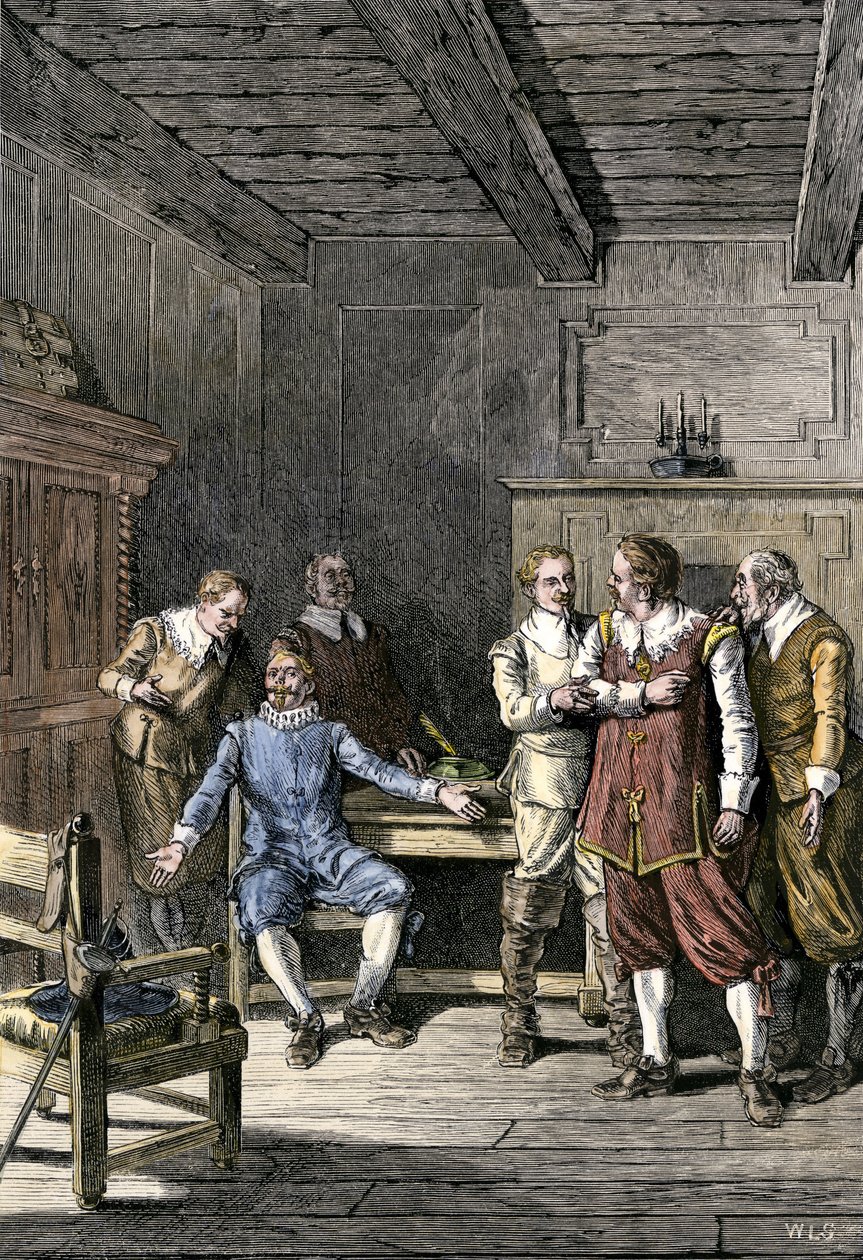 Amerikai Egyesült Államok, Massachusetts: John Winthrop (1588-1649) és Thomas Dudley (1576-1653) közötti vita a Massachusetts-öböl gyarmaton. Színes metszet a 19. századból. alkotó: Unbekannter Künstler