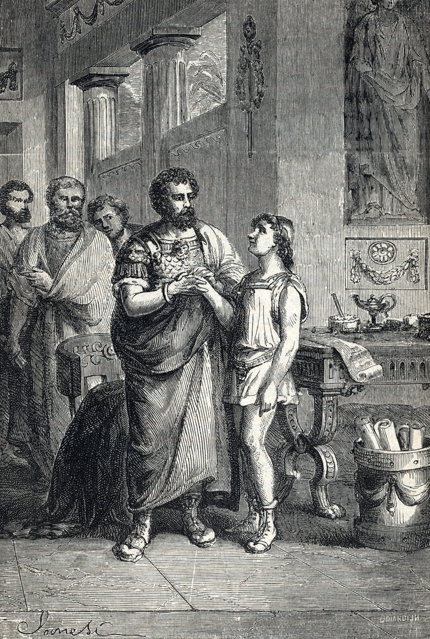 II. Valentinianus ismerte el Gratianus római császárt (375). 1888 (metszet) alkotó: Unbekannter Künstler