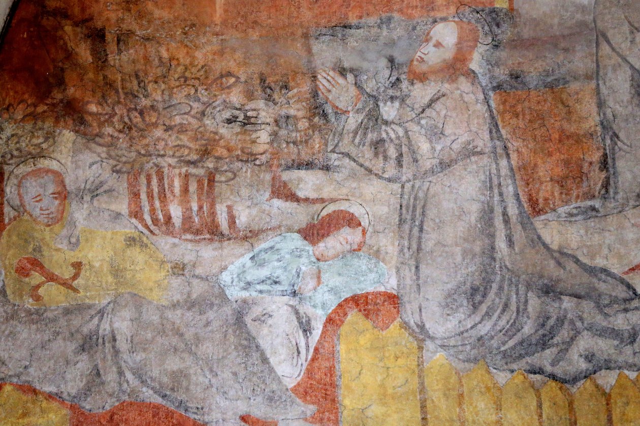 Vault de Lugny templom. 16. századi falfestmény. Krisztus szenvedélyében. Gecsemáné, Jézus imádkozik, közben a tanítványok pihennek. Franciaország Â alkotó: Unbekannt