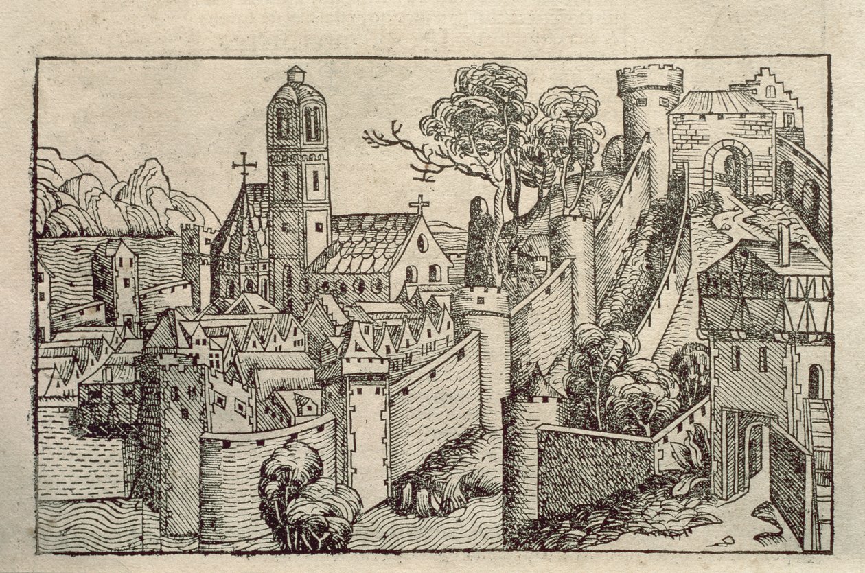 Alexandria ókori városának képe H. Schedel „Liber Chronicarum” című metszetkönyvéből alkotó: Unbekannter Künstler