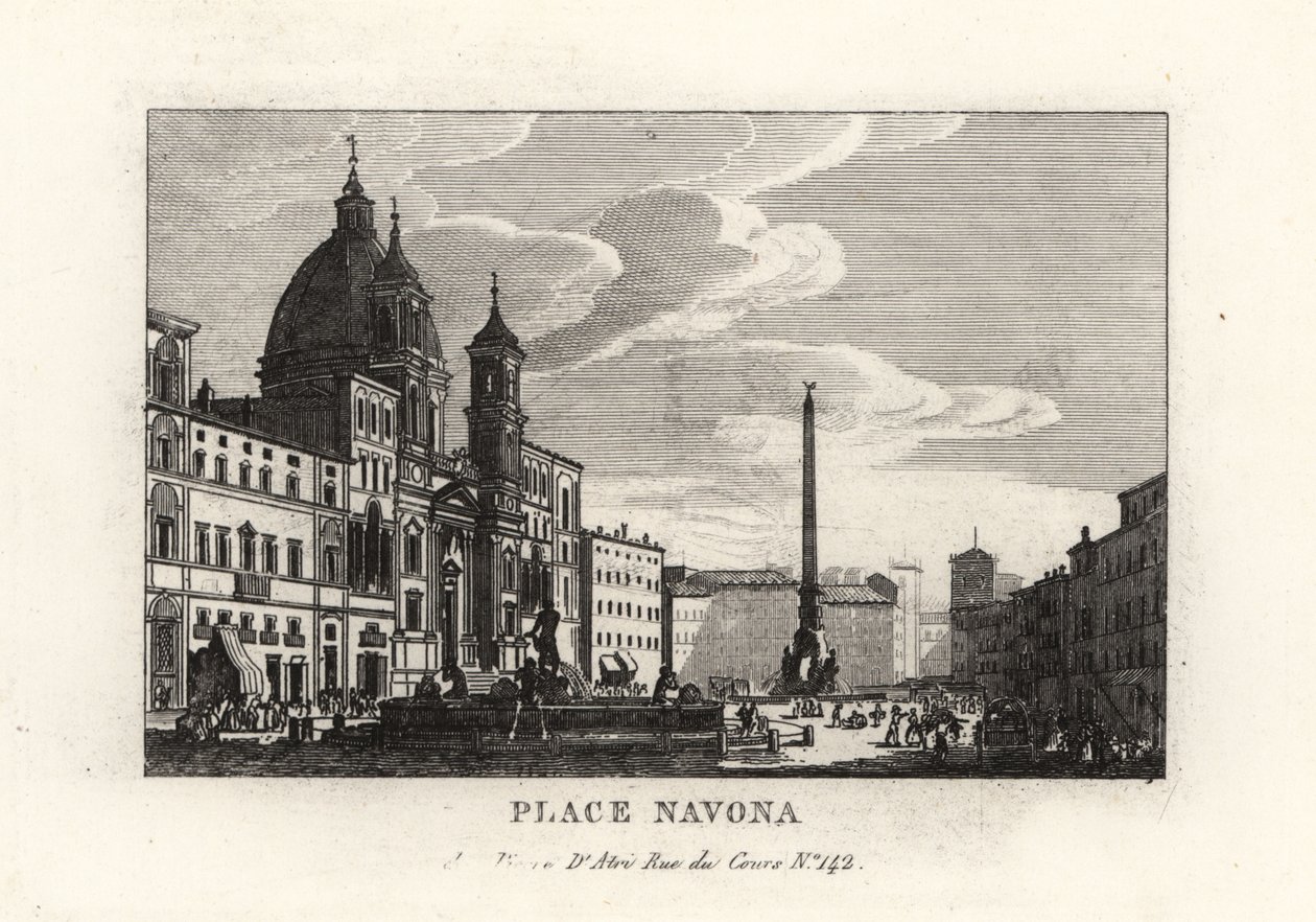 Kilátás a Piazza Navona térre, szökőkúttal, egyiptomi obeliszk és Sant