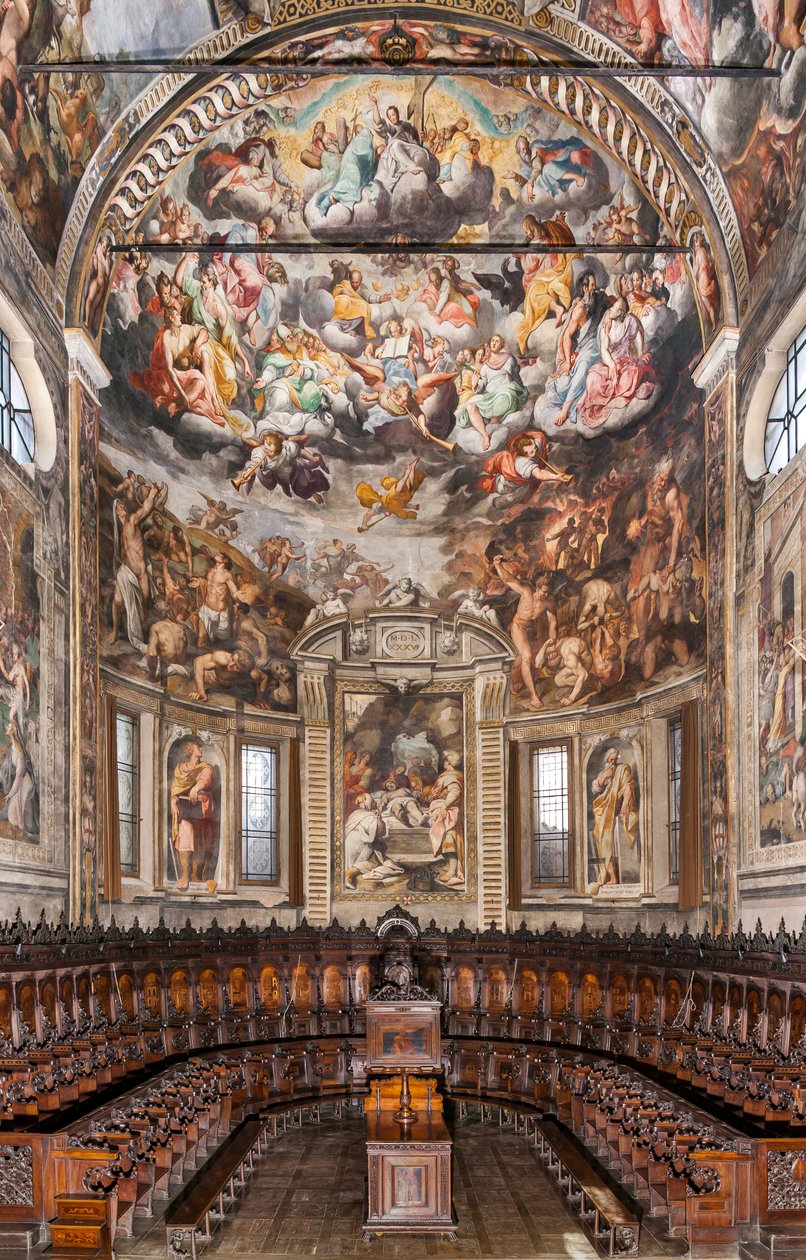 Kilátás az apszisra Camillo Procaccini freskóival és Cristoforo e Giuseppe De Venetiis fakórusával, San Prospero-bazilika, Reggio Emilia, Emilia Romagna, Olaszország (fotó) alkotó: Unbekannter Künstler