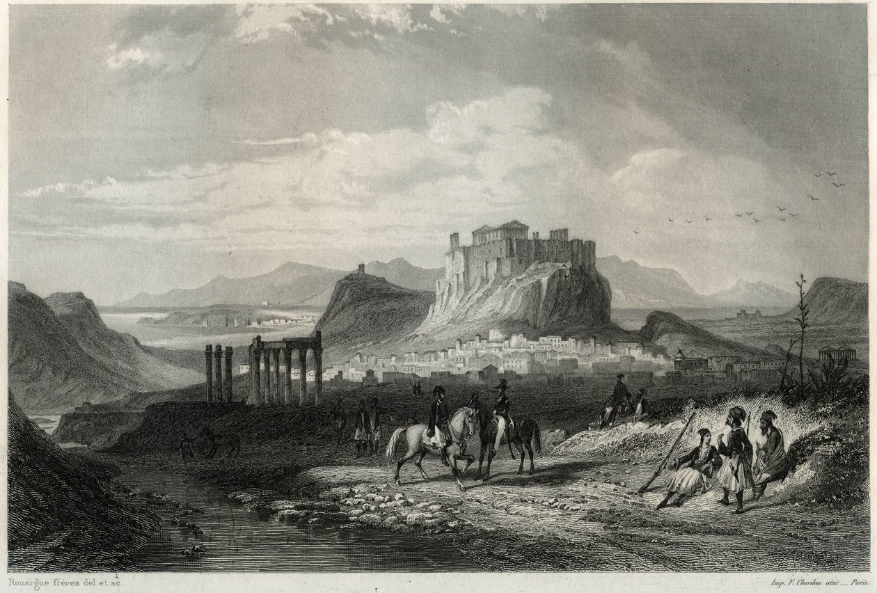 A 19. századi Athén városának képe, amelyet az Akropolisz ural, Louis Enault (1824-1900) francia újságíró és utazó, a Földközi-tengerről szóló könyvében. alkotó: Unbekannt