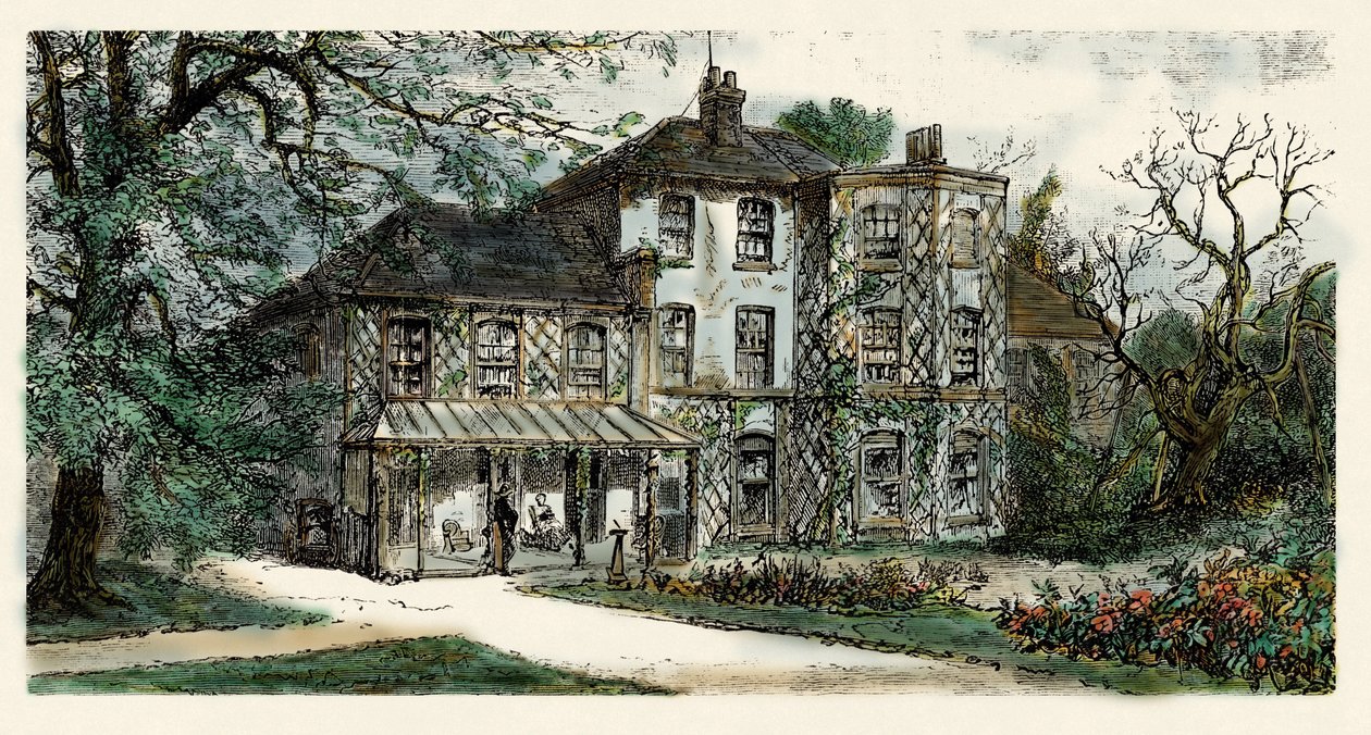 Kilátás a házra vagy Charles Darwin (1809-1882) redigea "A fajok eredete". 19. századi metszet alkotó: Unbekannter Künstler