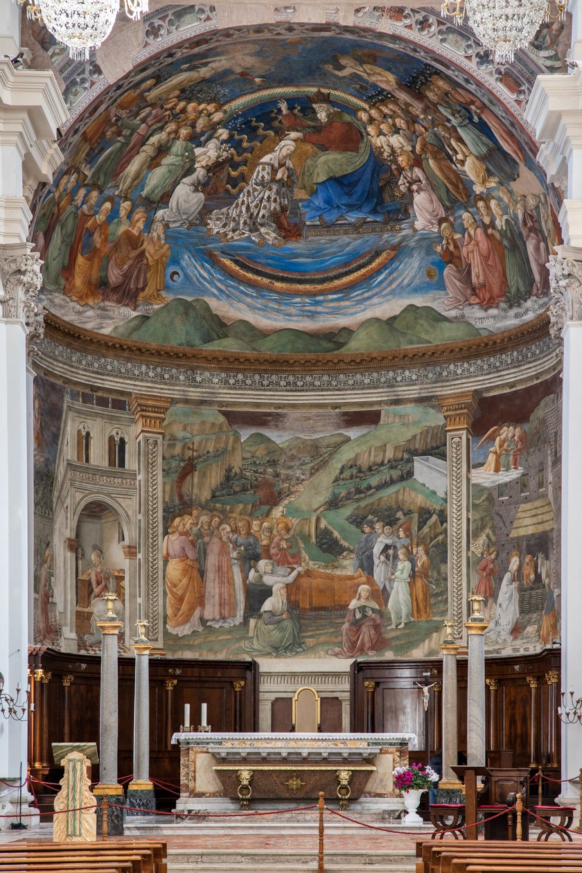 Kilátás a templomhajóra és a presbitériumra a Szűz történeteivel, Dóm, S. Maria Assunta székesegyház, Spoleto, Umbria, Olaszország (fotó) alkotó: Unbekannter Künstler