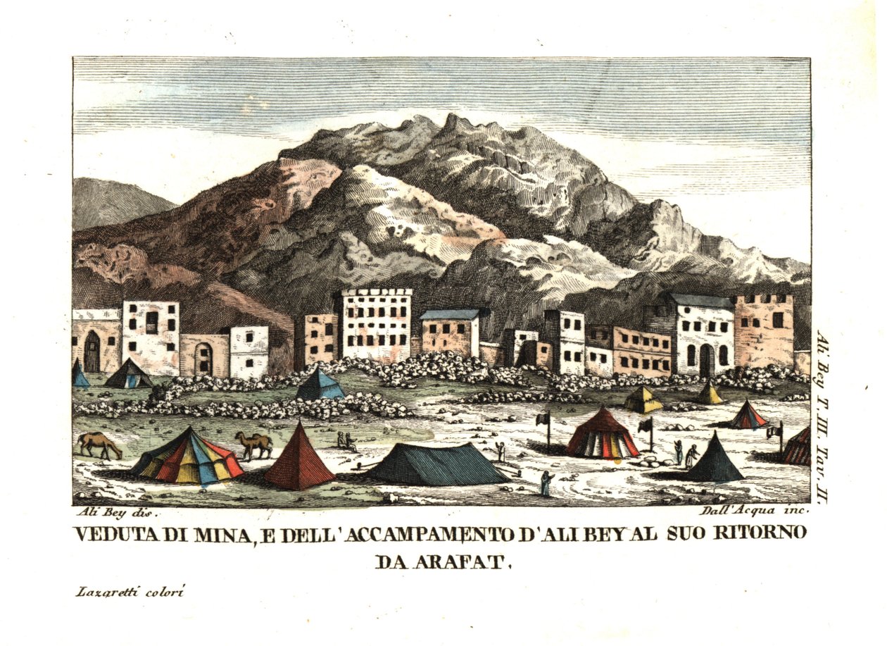 Mina falu látképe az Arafat sivatagban (Sátorváros, Mekka, Szaúd-Arábia). Ali Bey el Abbassi illusztrációja a Marokkói, tripoli, ciprusi, egyiptomi, arab, szíriai és törökországi utazásaiból, London 1816. dell