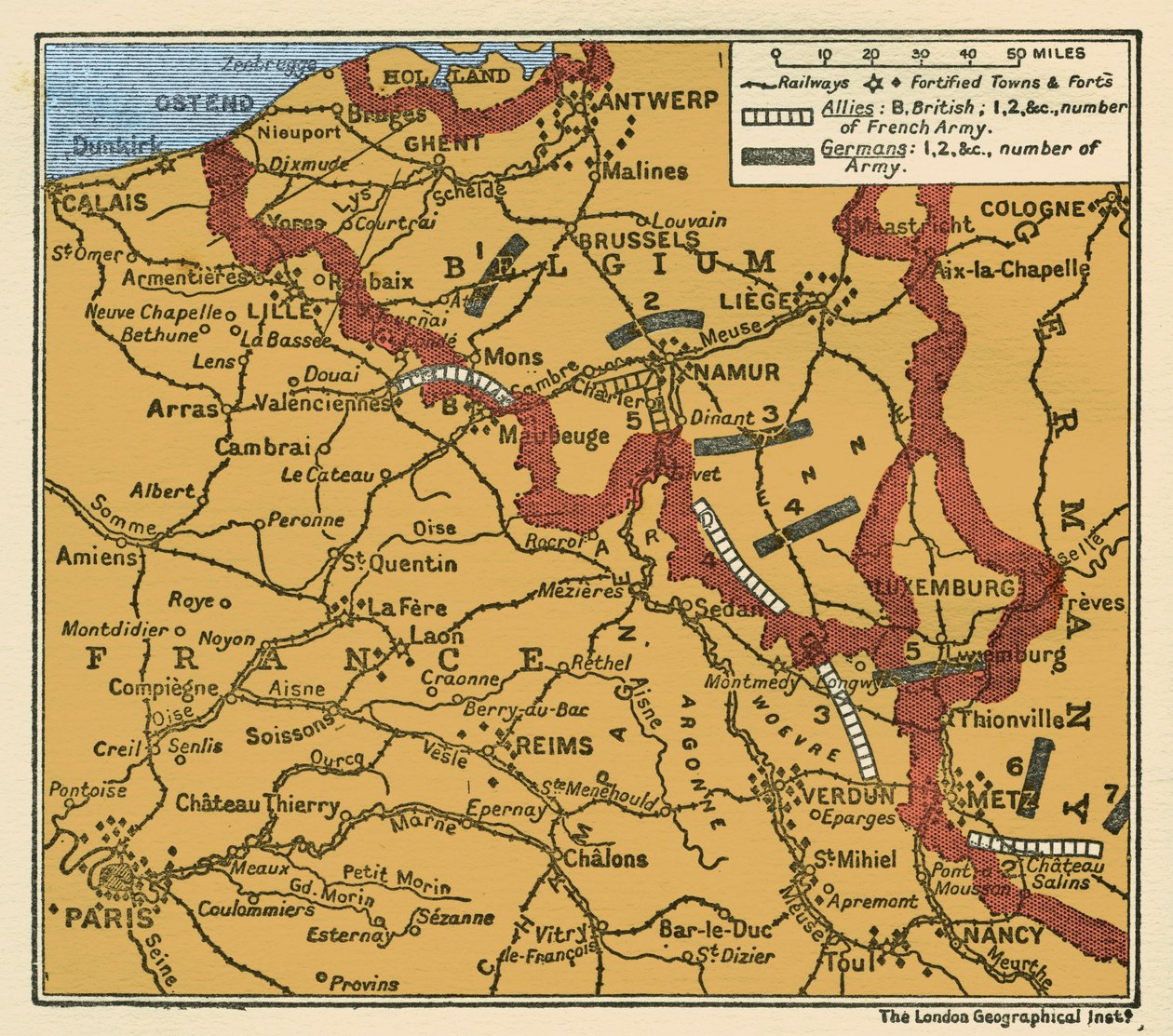 Az első világháború térkép a hadseregek helyzetéről 1914. augusztus 22. alkotó: Unbekannter Künstler