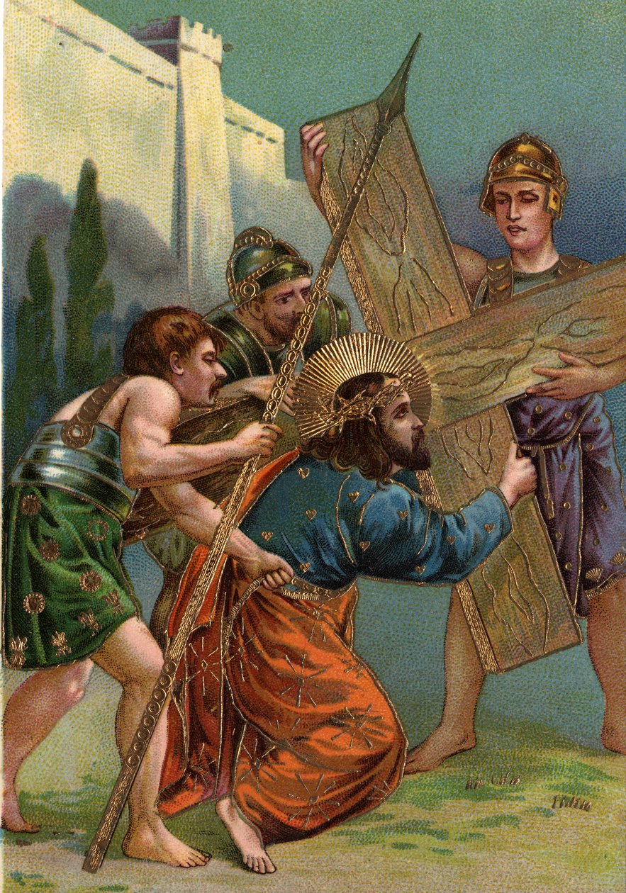 Keresztút - via crucis - Keresztút: harmadik állomás, Jézus először esik keresztje súlya alá (Jézus esik először) Kromolitográfia Magángyűjtemény alkotó: William M. Timlin