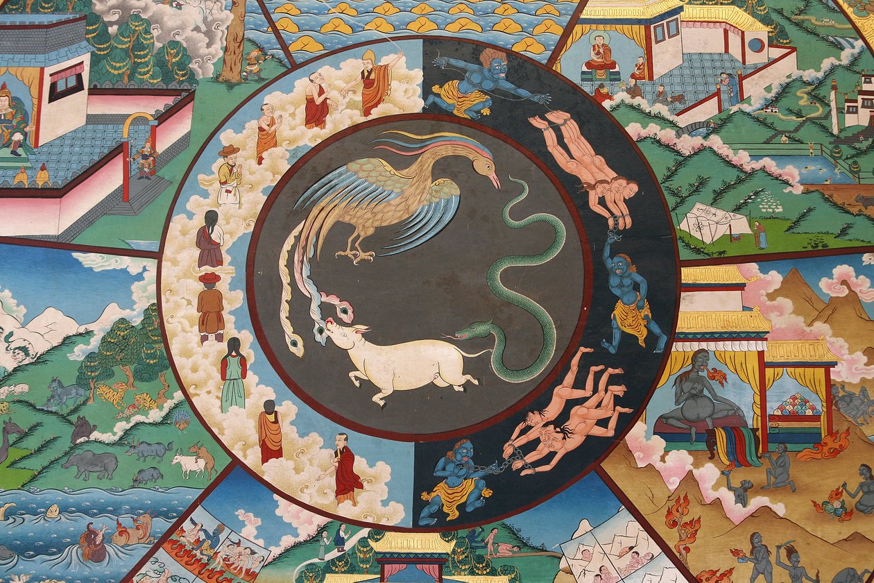 Életkerék vagy Samsara (Mandala) kereke: kakas, kígyó és disznó. Kopan kolostor, Katmandu, Nepál alkotó: Unbekannt