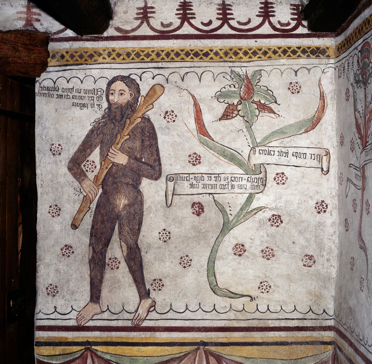 Sacco vadembere (Homo Selvadego), freskó (15. század), Vadember háza (Uomo Selvatico), Sacco, Cosio Valtellina, Lombardia, Olaszország alkotó: Benjamin Baud