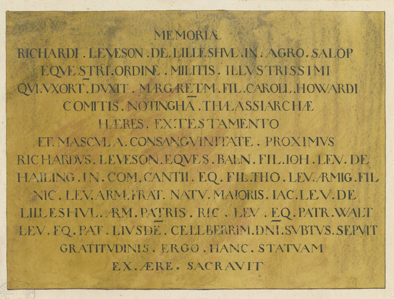 Wolverhampton – Richard Leveson admirális latin sírfelirata a Szent Péter-templomban: toll- és tusrajz, nd [?19. század] alkotó: Unbekannt