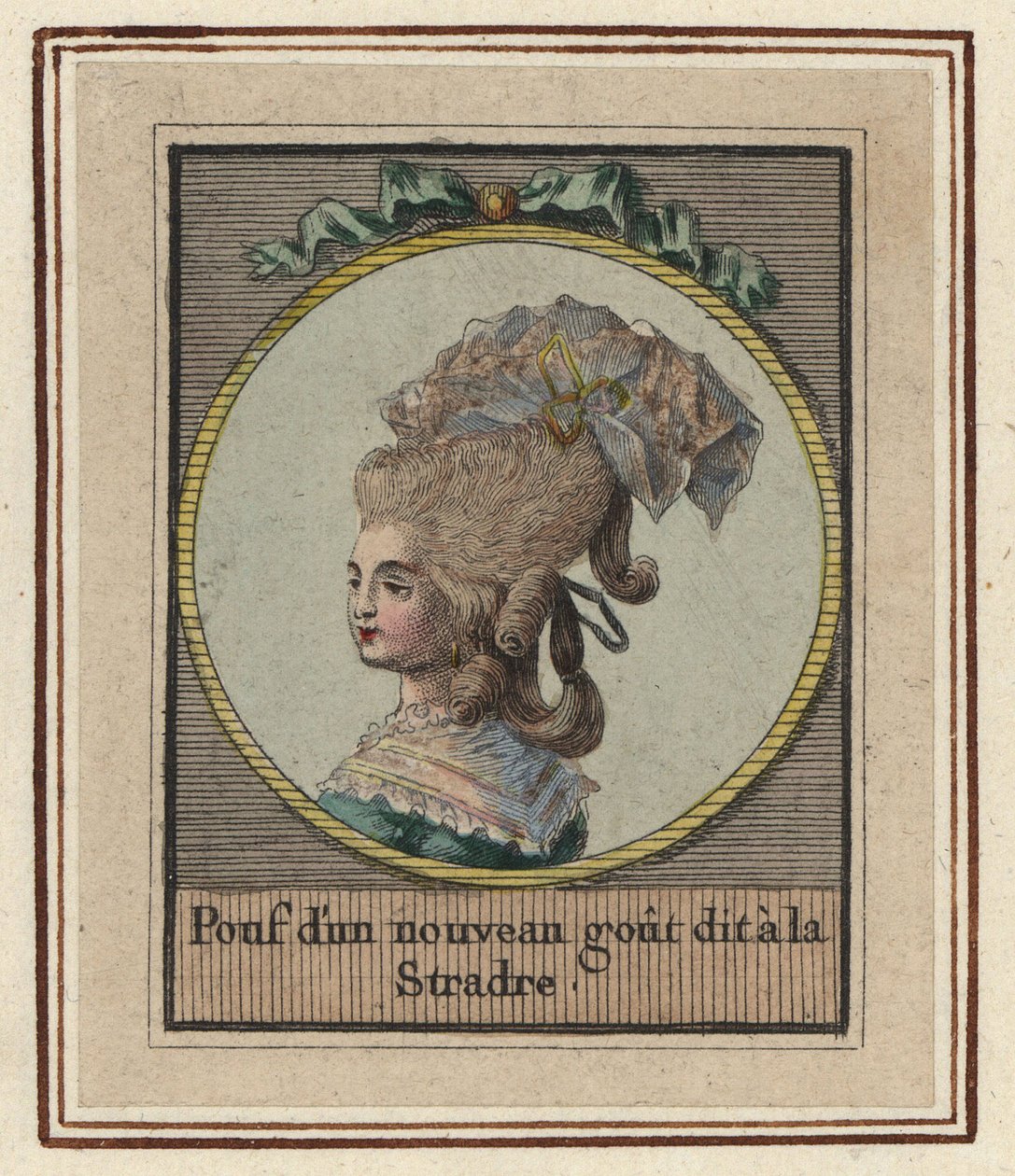 Nő a Stradre nevű új stílusú puffban. Pouf egy új ízléssel mondta a Stradre. Ismeretlen művész kézzel készített rézmetszete az 1783-as divatos frizurák albumából, Suite des Coeffures a la Mode en 1783, Enauts et Rapilly, Pari alkotó: Unbekannter Künstler