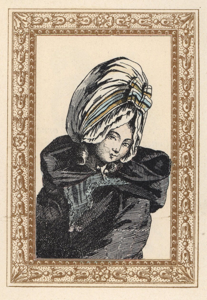 Nő éjszakai köpenyben és nagy Voluptuese kalapban. Éjszakai haj, van a Voluptuous. Kézzel színezett litográfia de Laubadere-től Octave Uzane Stílusos frizura vagy excentrikus díszítés XVI. Lajos király korából, Hairstyles de Style, La Parure Eccentric, Rou alkotó: Unbekannter Künstler