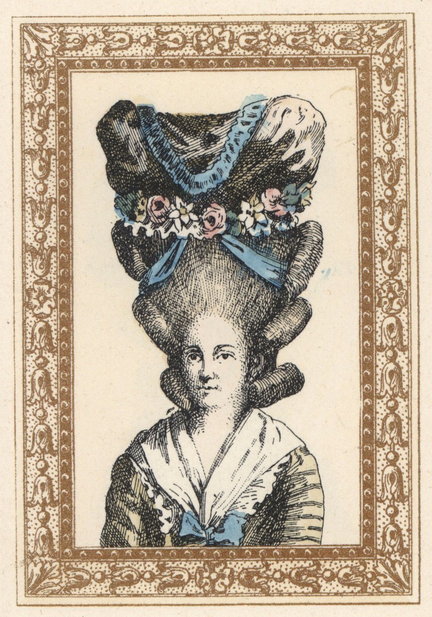 Nő a Gabrielle Vergy főkötőben, szalagokkal és virágfüzérekkel átkötve. Kalap a la Gabrielle Vergy, amelyet Dormont De Belloyd 1777-es tragédiája ihletett. de Laubadere kézi színezésű litográfiája Octave Uzane: Stílusos frizura vagy különc díszítés fr. alkotó: Unbekannter Künstler