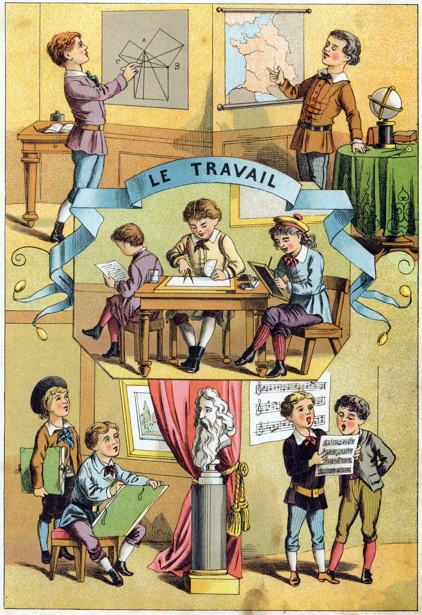Munka az osztályteremben. Metszet „Alphabet des petits ecoliers” felirattal. Az Epinal képalkotása, 1885 körül. Privee Collection alkotó: Unbekannt