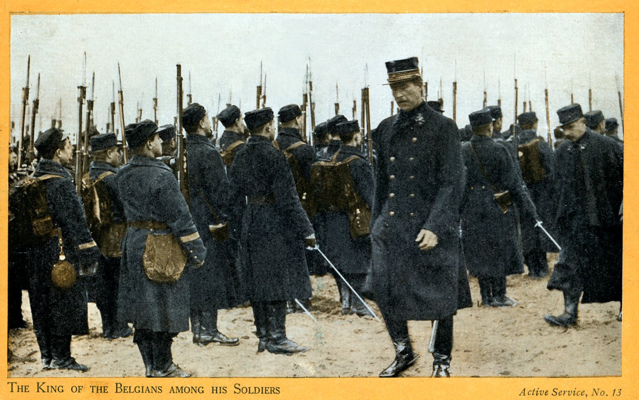 1. világháború: I. Albert belga király a csapataival (képeslap) alkotó: Unbekannter Künstler