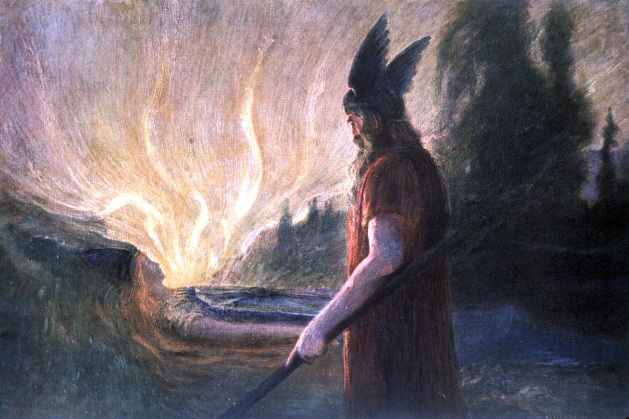 Wotan a Brunnhild máglya előtt, 20. század eleje (képeslap) alkotó: Unbekannter Künstler