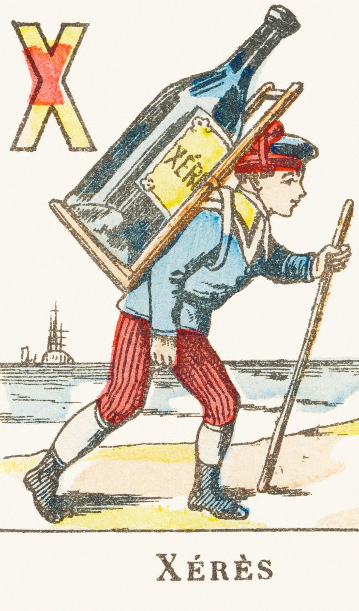X : Xeres, egy fiú egy nagy üveg bort tart a hátán - Játékok ábécéje, 1890 körül (metszet) alkotó: Unbekannt