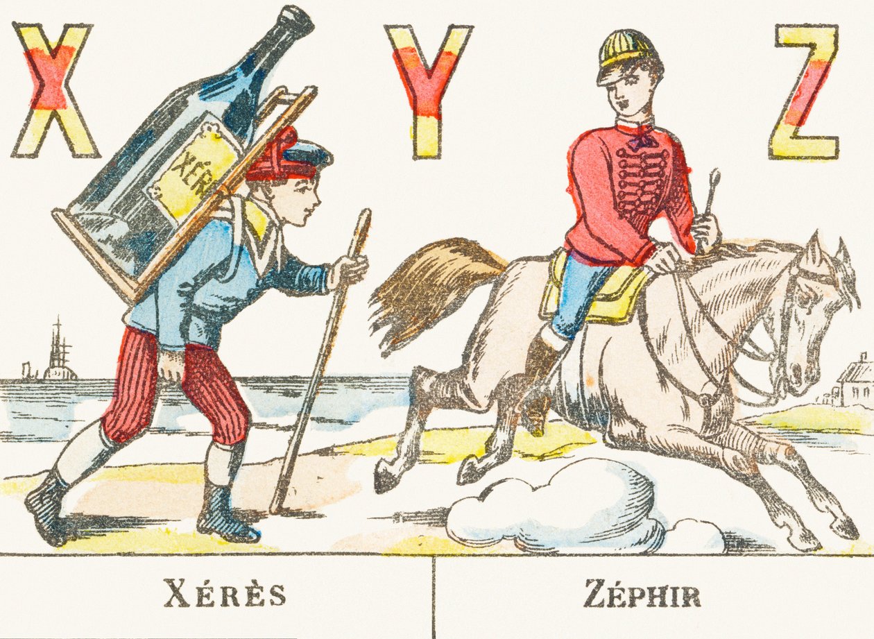 X Y Z : Xeres, Zephir - egy fiú a hátán tart egy nagy üveg bort, és egy lovas vágtat a Zephyr nevű lován - Játékok ábécéje, 1890 körül (metszet) alkotó: Unbekannt