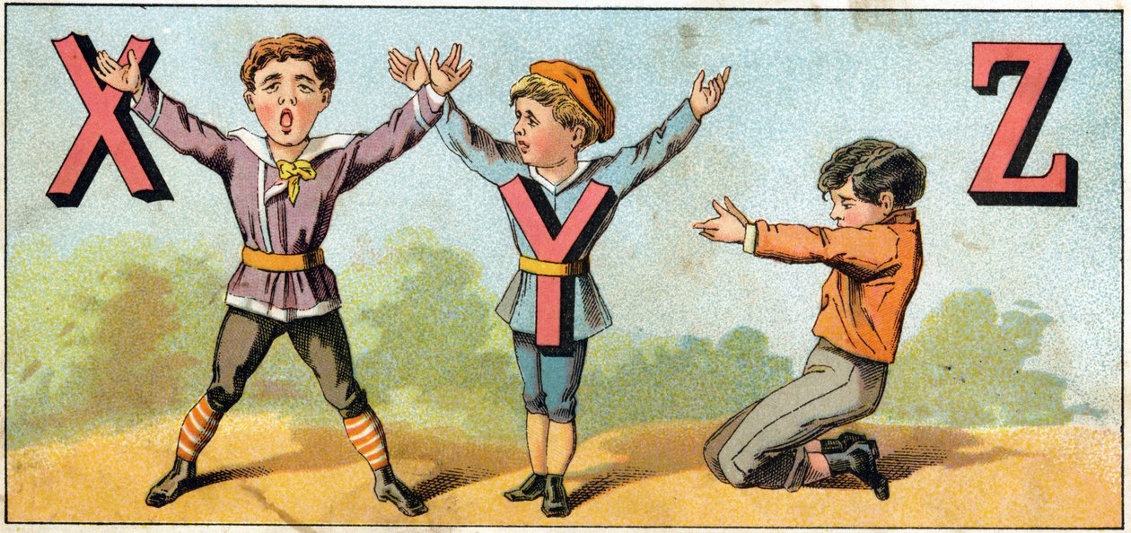 X Y és Z betűket utánoz a testhelyzet. Metszet „Alphabet des petits ecoliers” felirattal. Az Epinal képalkotása, 1885 körül. Privee Collection alkotó: Unbekannt