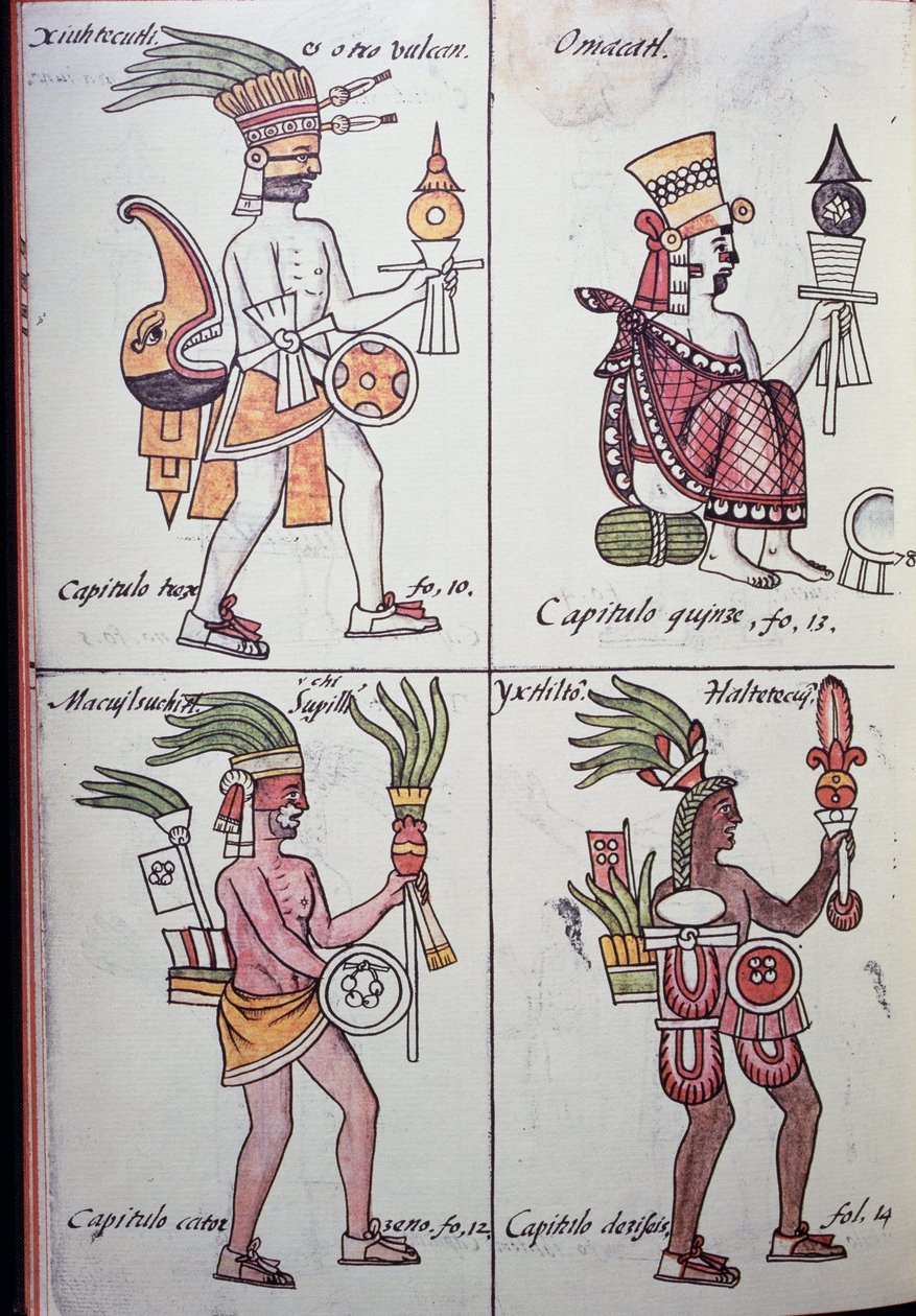Xiuhtecuhtli, Omacatl, Macuilxochitl, Ixtlilton, oldal a firenzei kódexből, spanyol és nahuatl nyelvű változat, új Spanyolország dolgainak általános története (Historia general de las cosas de Nueva Espana), azték alkotó: Benjamin Baud