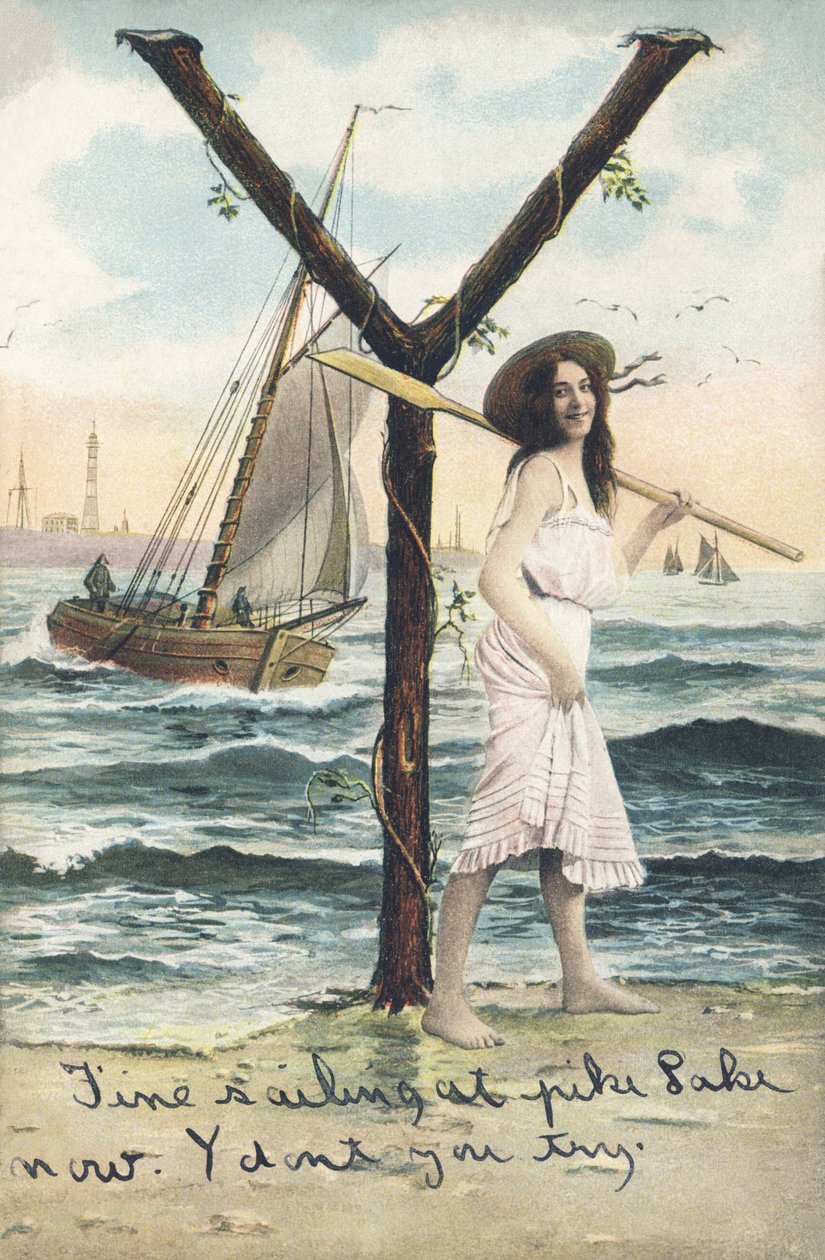 Y: Egy mezítlábas nő rövid ujjatlan ruhában evezőt tart a bal vállán. Tengeri dekoráció – Ábécé karakterei Ref Th. E., L. Theochrom – Serie 994. Theodor Eisman, kiadó, Lipcse alkotó: Unbekannt