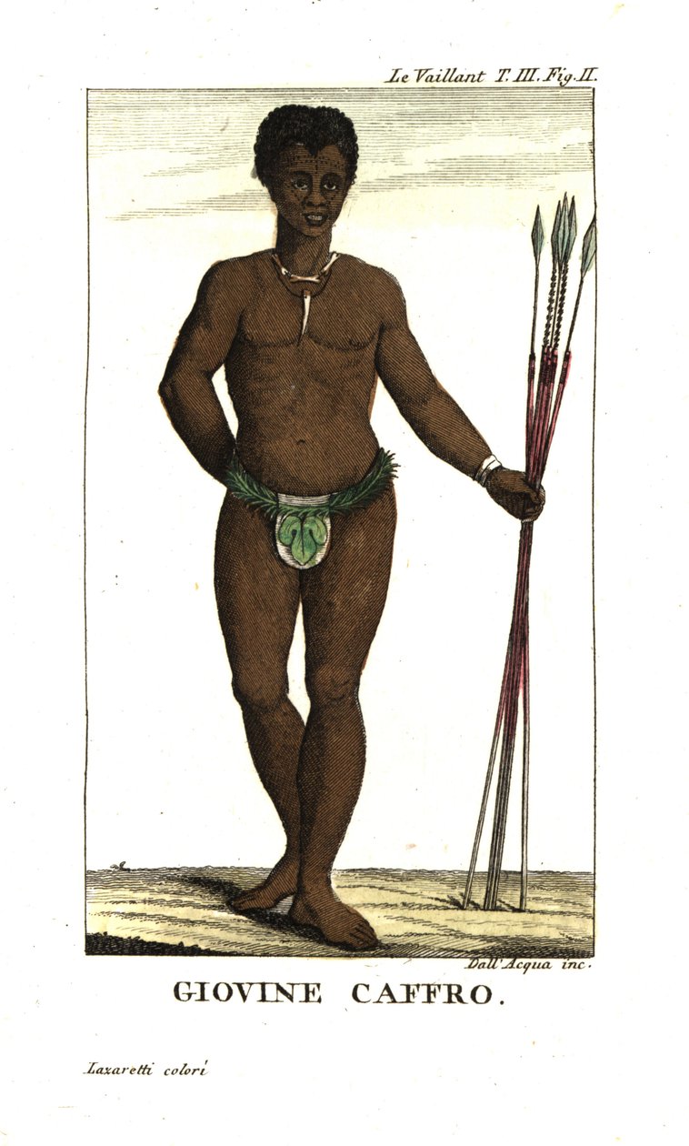 Fiatal szan férfi, lándzsákkal, Dél-Afrika. Francois Le Vaillant-tól (Levaillant alkotó: Unbekannter Künstler