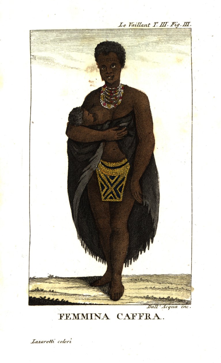Fiatal san nő szoptatja gyermekét, Dél-Afrika. Köpenyt, nyakláncot és gyöngyös szoknyát visel. Francois Le Vaillant-tól (Levaillant alkotó: Unbekannter Künstler
