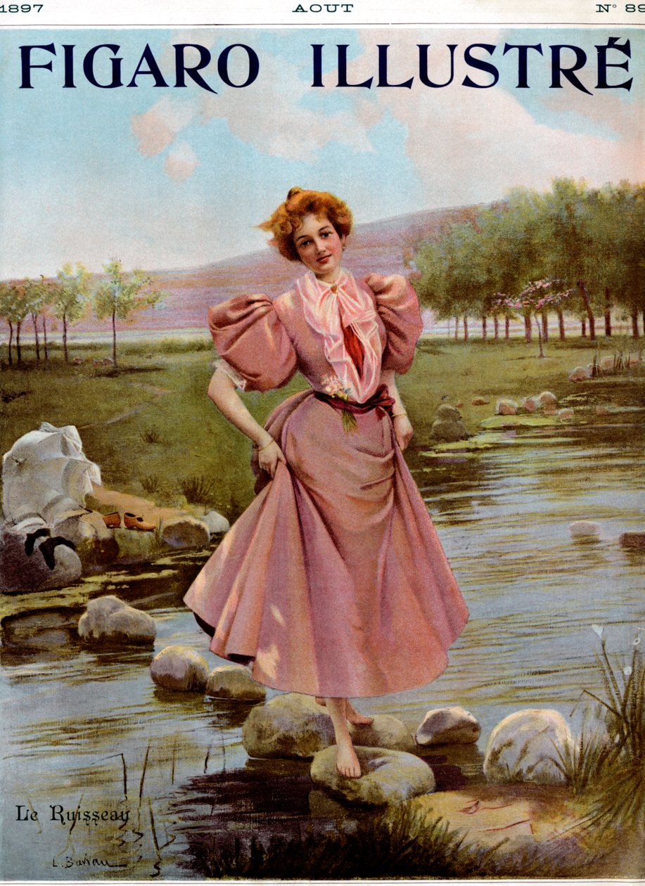 Fiatal nő átkel egy patakon - a Figaro Illustré 1897. augusztusi számából. alkotó: Unbekannter Künstler