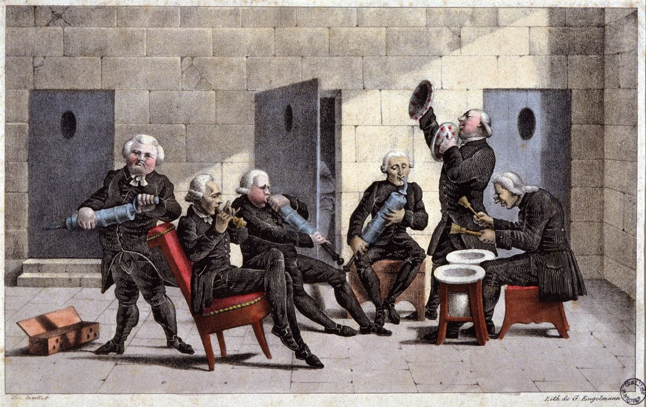courante-t játszó amatőrök, francia karikatúra az orvosok ellen (kezükben fecskendő és kamrai edény mint hangszer) és a purgatórium ellen, 18. század, Elgelmann metszete, 1830 körül. alkotó: Unbekannter Künstler