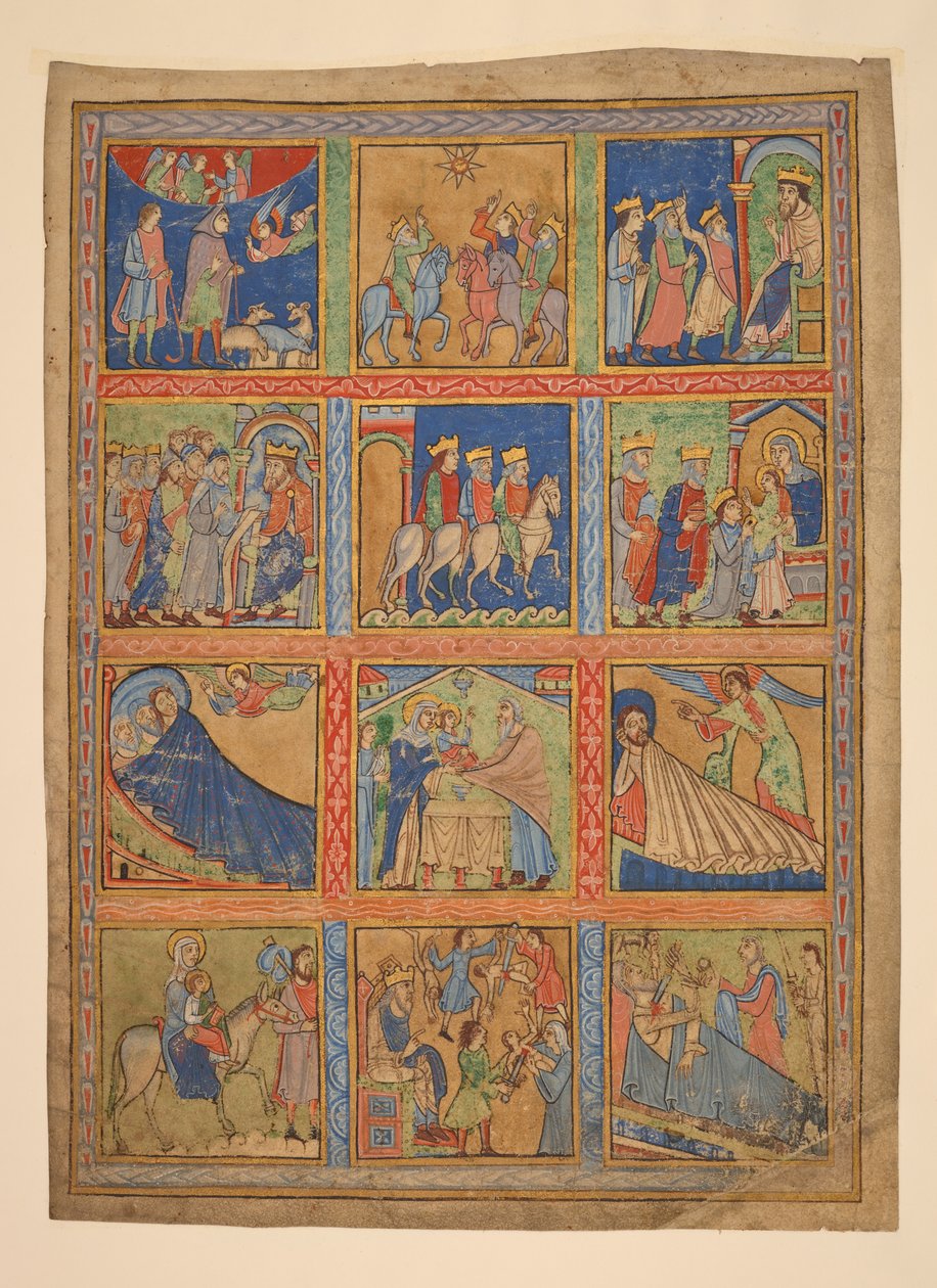 f. 1: 24 miniatúrából álló sorozat Krisztus életéből; Hét metszet illuminált kéziratokból. 12. század-15. század Hét metszet illuminált kéziratokból. 12. század-15. század alkotó: Unbekannter Künstler
