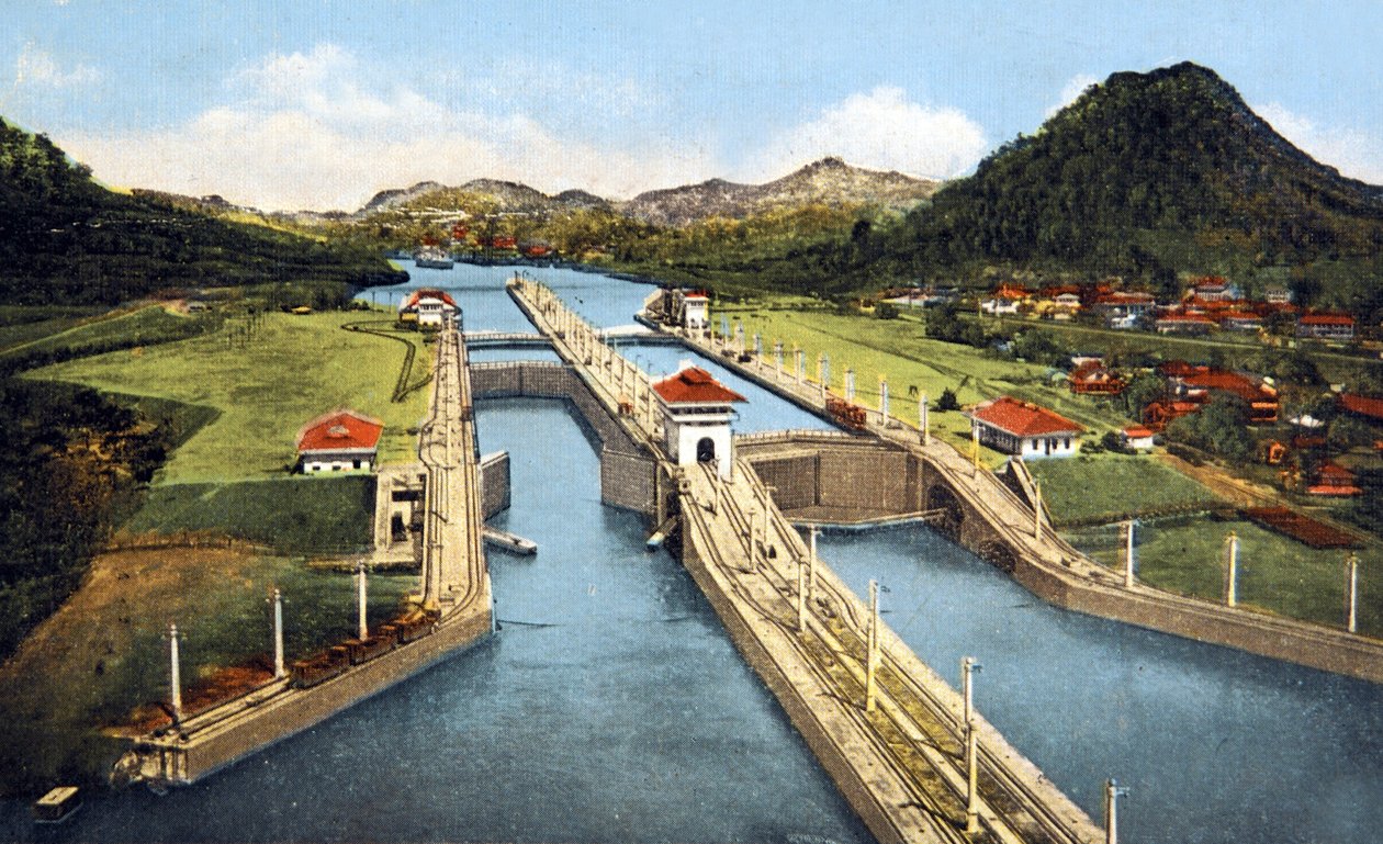 a Pedro Miguel zsilip a Panama-csatornában, 1920 körüli képeslap alkotó: Unbekannter Künstler