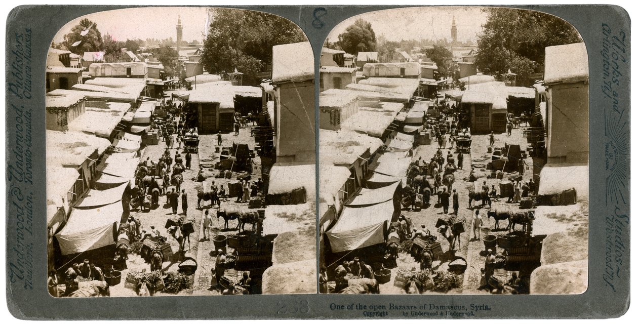 Nyitott bazár Damaszkuszban, Szíriában, az 1900-as években. alkotó: Underwood and Underwood