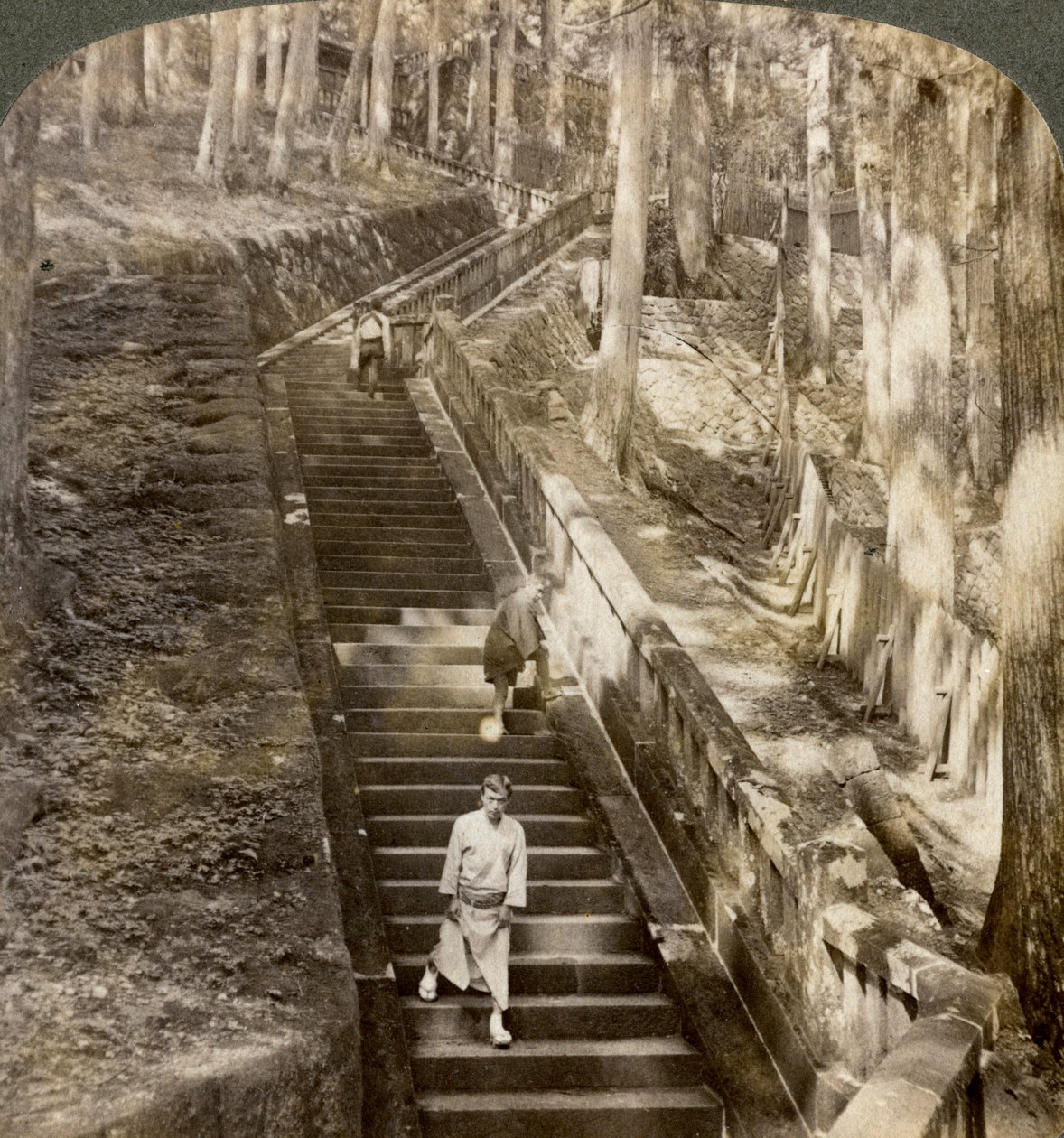 Ősi kőlépcső a dombra Shogun Ieyasu sírjához, Nikko, Japán, 1904. alkotó: Underwood and Underwood