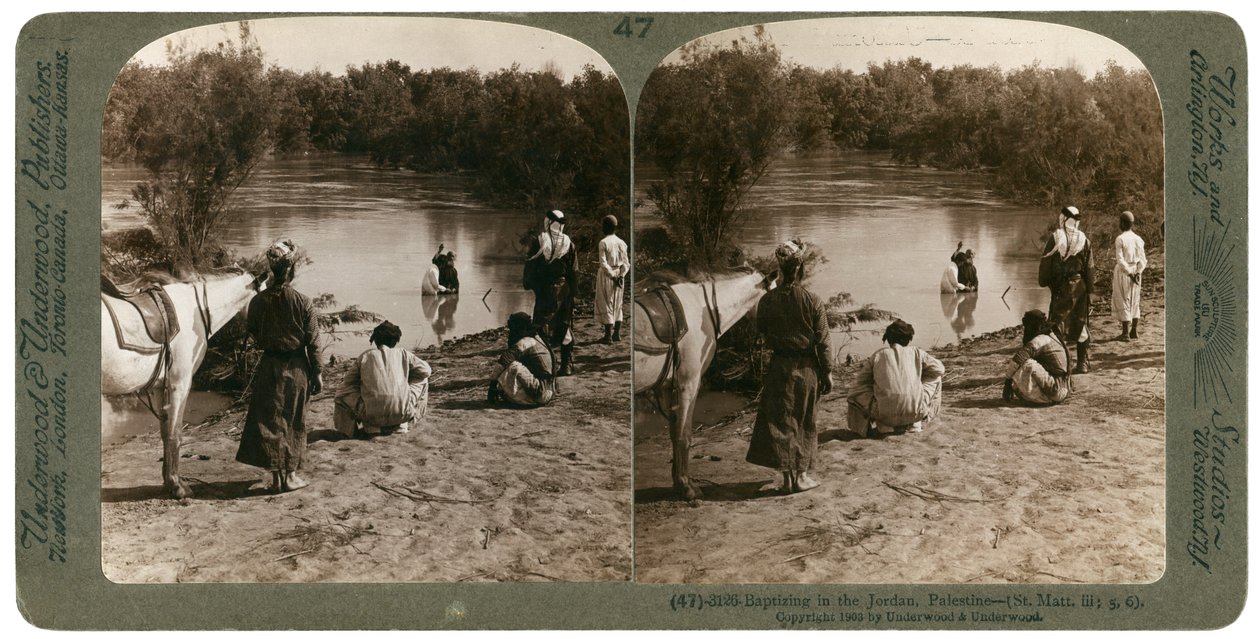 Keresztelés a Jordán folyóban, Palesztina, 1903. alkotó: Underwood and Underwood