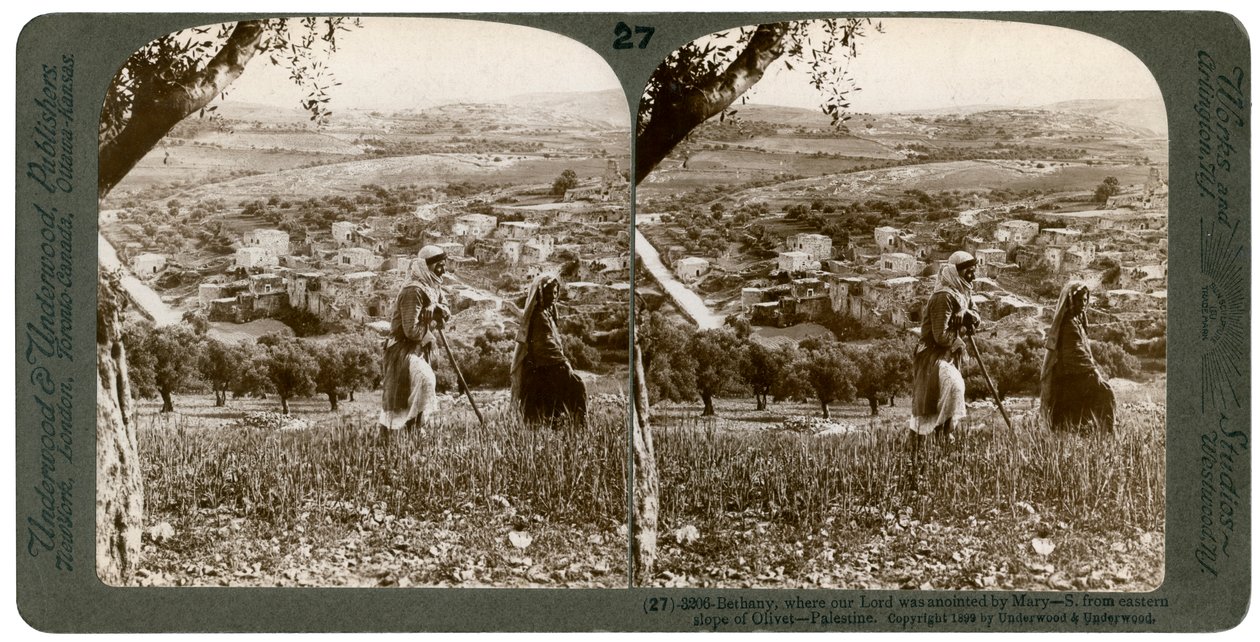 Betánia, az Olajfák hegyének keleti lejtőjéről nézve, Palesztina, 1899. alkotó: Underwood and Underwood
