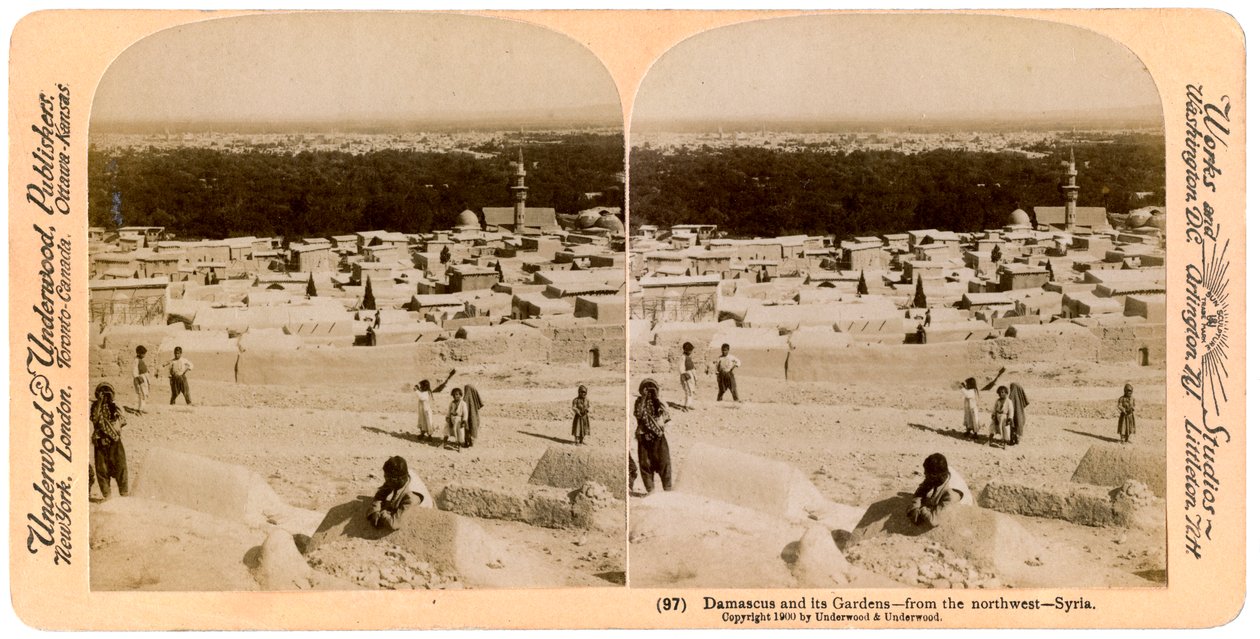 Damaszkusz és kertjei, északnyugat felől nézve, Szíria, 1900. alkotó: Underwood and Underwood