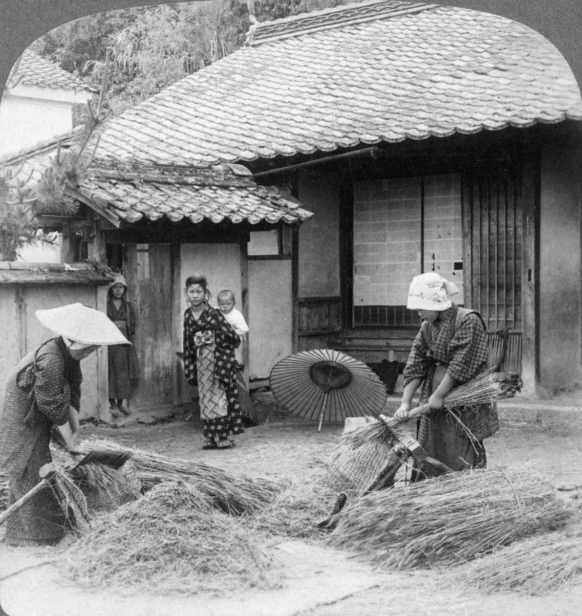 Farmer feleségek munkahelyen, Iwakuni, Japán, 1904. alkotó: Underwood and Underwood