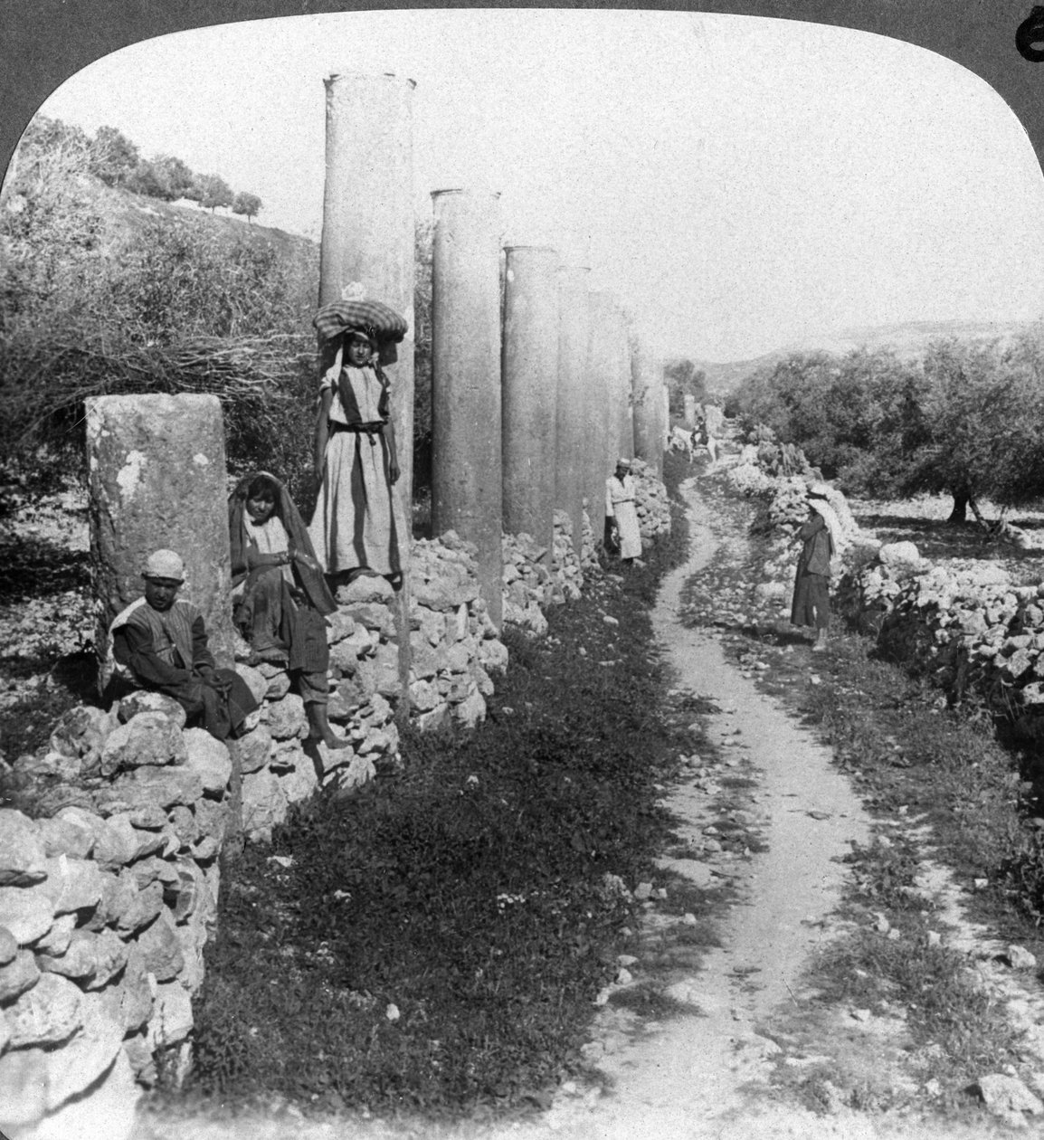 Az oszlopok Heródes utcája, Szamária, Palesztina Izrael, 1905. alkotó: Underwood and Underwood