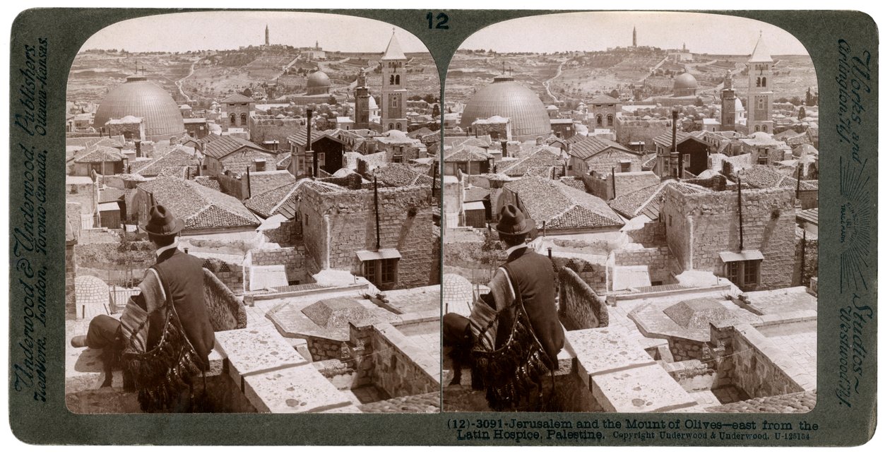 Jeruzsálem és az Olajfák hegye a Latin Hospice-tól keletre nézve, Palesztina, 1900-as évek. alkotó: Underwood and Underwood