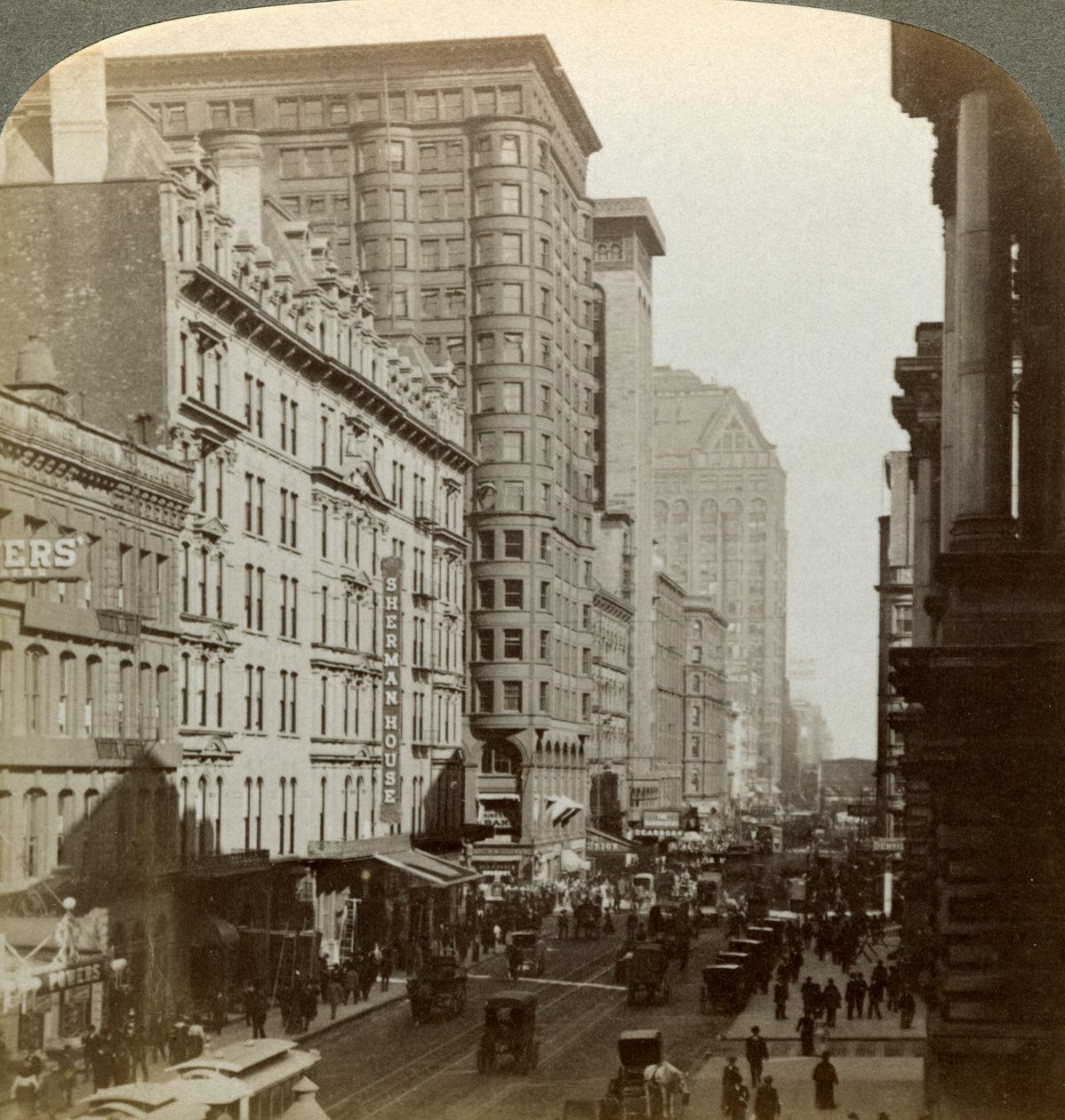 Felhőkarcolók, Randolph Street, Chicago, Illinois, USA, 19. század vége. alkotó: Underwood and Underwood