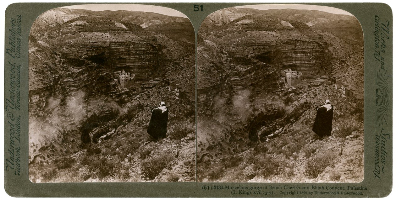 Brook Cherith és Illés kolostor szurdoka, Palesztina, 1890. alkotó: Underwood and Underwood