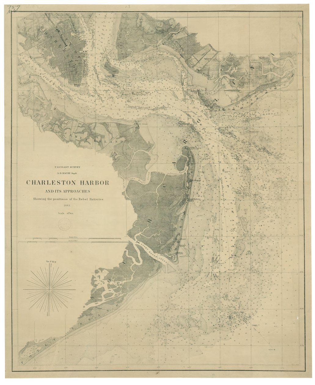 Charleston kikötője és megközelítései a lázadó ütegek pozícióival LOC lva0000206 alkotó: United States Coast Survey