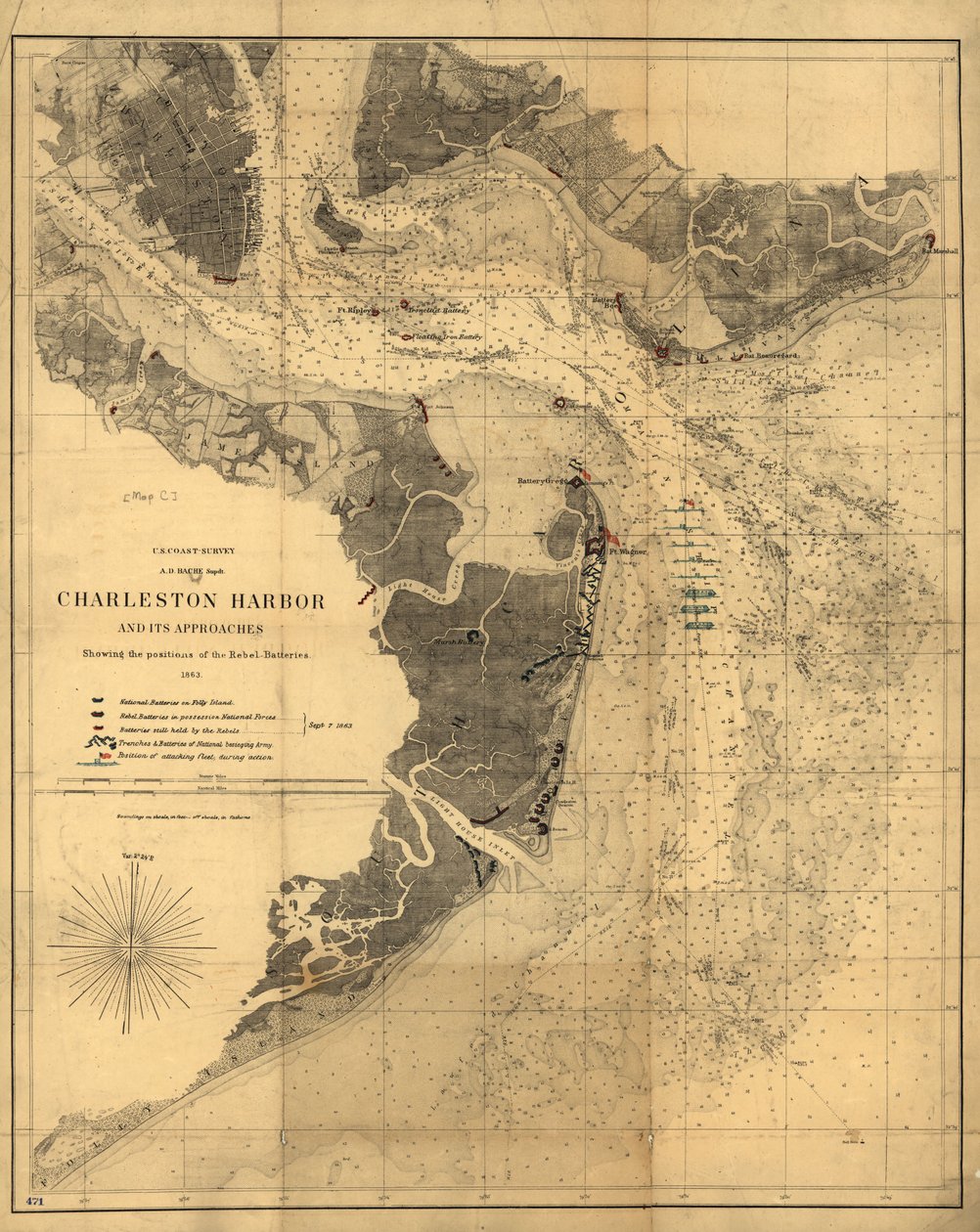 Charleston kikötője és annak megközelítése a lázadó ütegek állásával. LOC 99448827 alkotó: United States Coast Survey