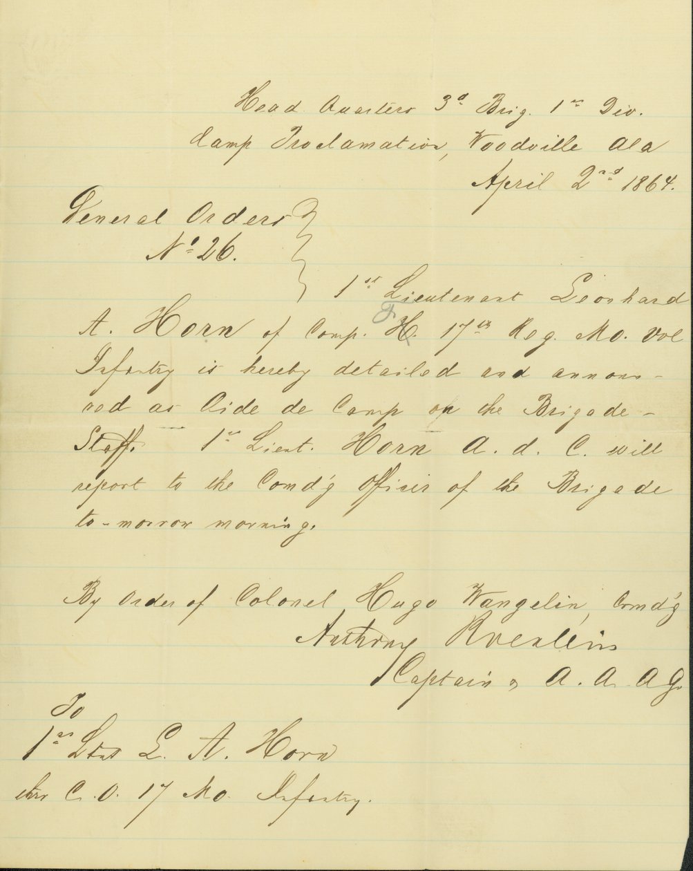 Bejelenti, hogy Leonard A. Horn a brigádszemélyzetben Aide de Camp néven szerepel alkotó: Unknown