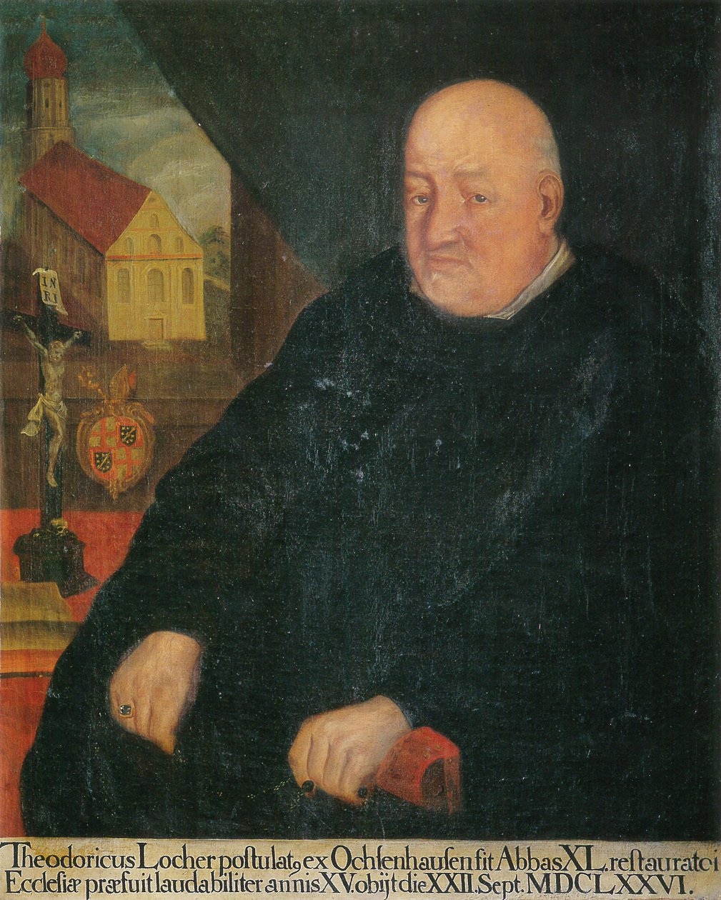 a 40. apát, Theoderich Locher, a háttérben a Szent György Isny ​​kolostortemplom alkotó: Unknown