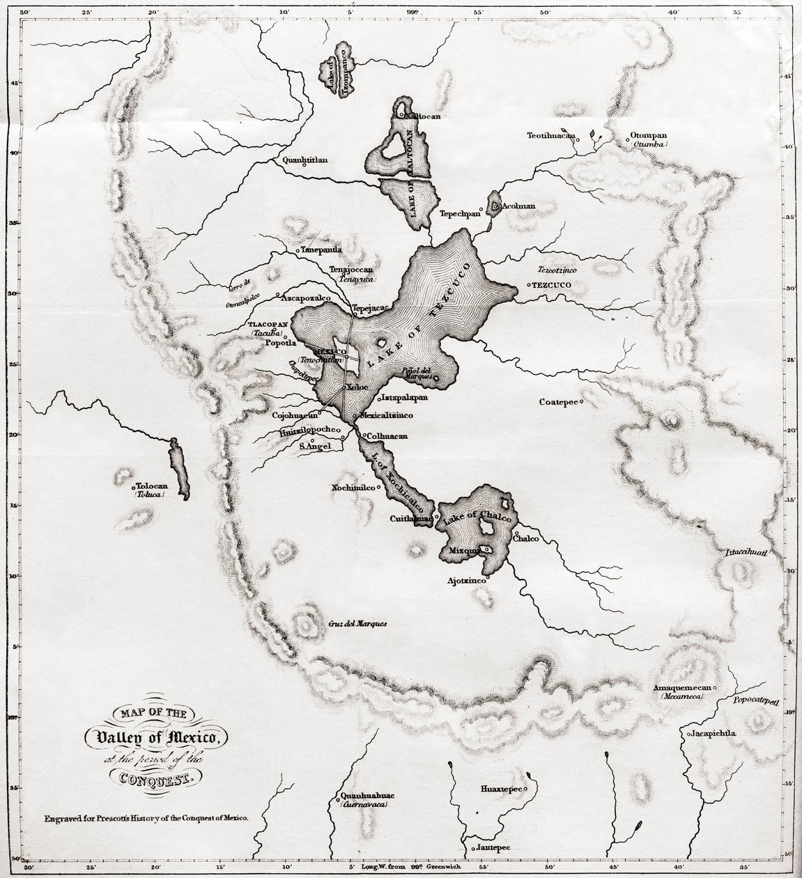 A mexikói völgy térképe a hódítás idején, a History of The Conquest of Mexico, 1850-ben megjelent alkotó: Unbekannt Unbekannt