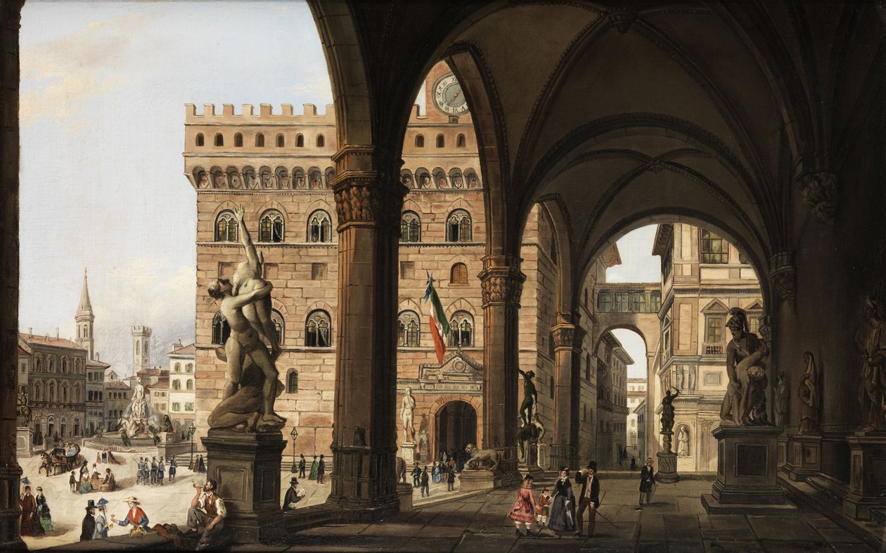 Blick von der Loggia dei Lanzi zum Palazzo della Signoria in Florenz alkotó: Unknown