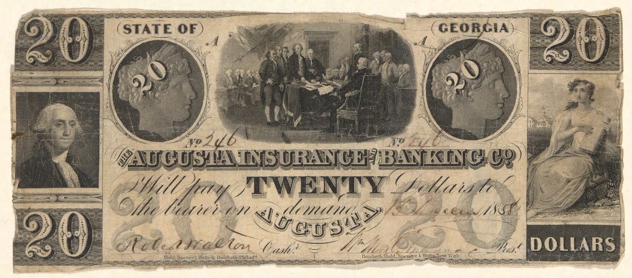20 dolláros bankjegy, amelyet az Augusta Insurance & Banking Co., Augusta, Georgia állított ki 1858-ban, a Függetlenségi Nyilatkozat gravírozásával Trumbull után Washingtonban Stuart után (?) alkotó: Unknown