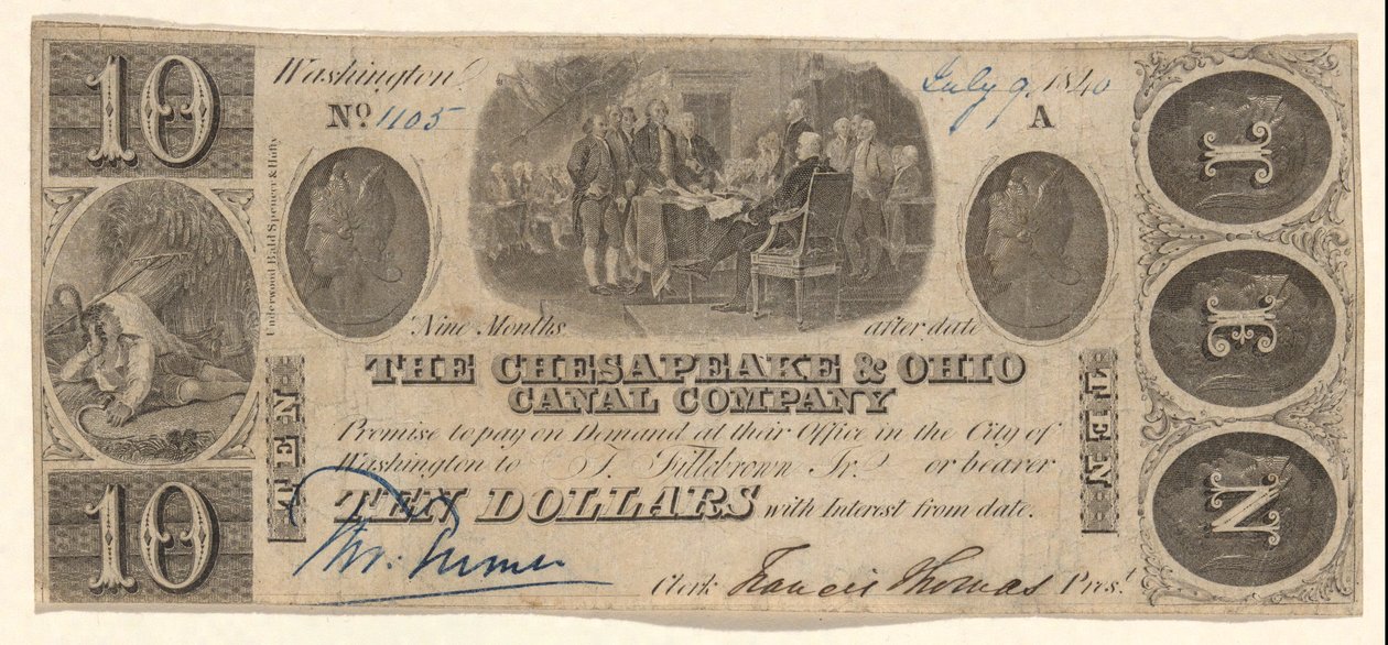 A Chesapeake and Ohio Company által kibocsátott 10 dolláros bankjegy, Trumbull matricás igazolásával alkotó: Unknown
